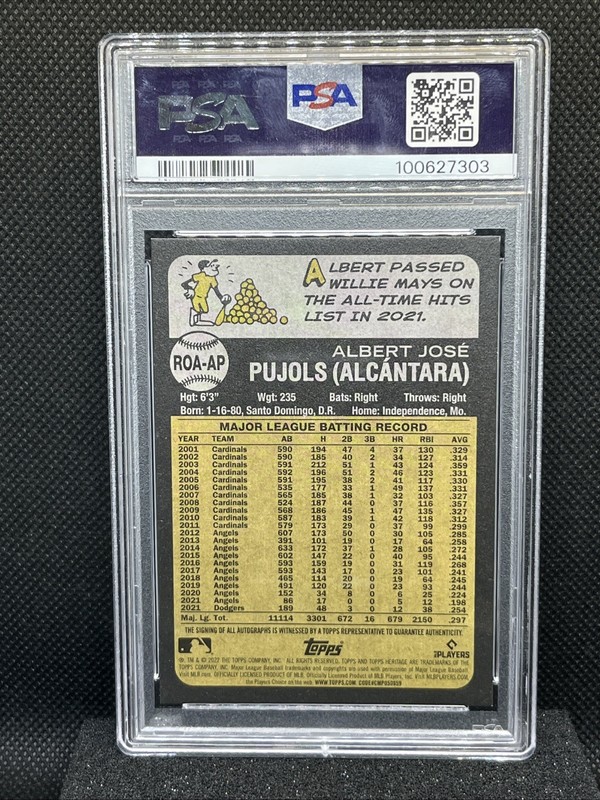2022 Topps Heritage Albert Pujols Real One Autograph ROA-AP PSA 9/9 LA DODGERS view 2