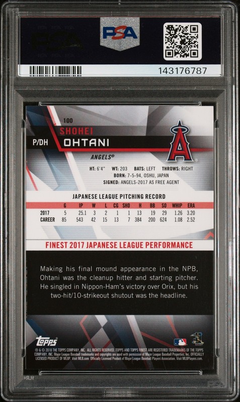 2018 FINEST #100 SHOHEI OHTANI ROOKIE RC PSA 9 view 2