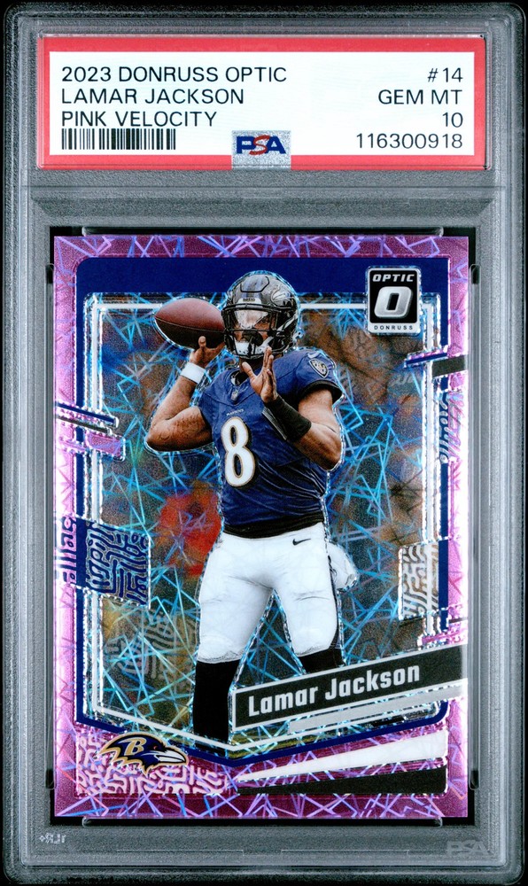 2023 PANINI DONRUSS OPTIC PINK VELOCITY #14 LAMAR JACKSON /79 PSA 10