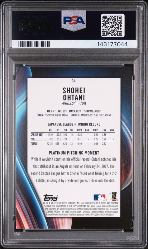 2018 BOWMAN PLATINUM WITH GLOVE #34 SHOHEI OHTANI ROOKIE RC PSA 8 view 2