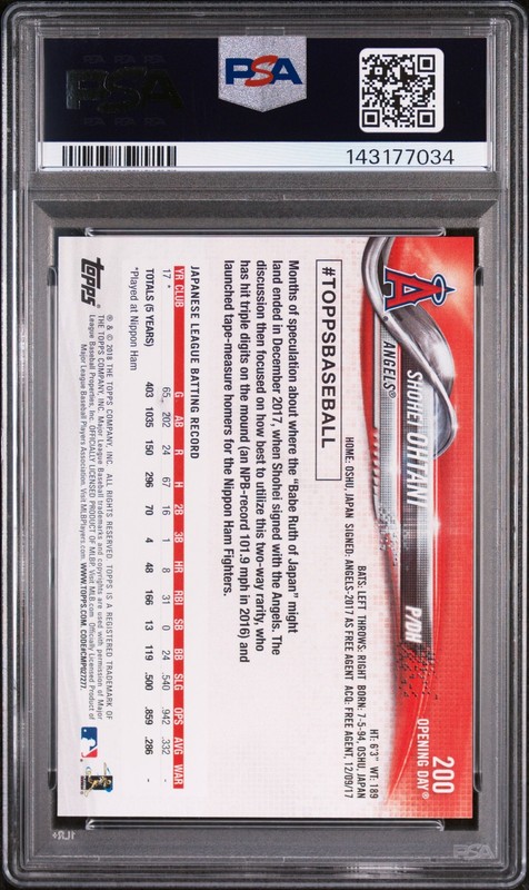 2018 TOPPS OPENING DAY #200 SHOHEI OHTANI ROOKIE RC PSA 10 view 2