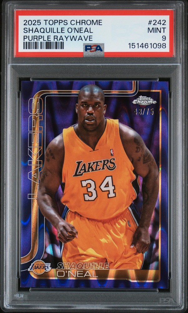 Shaquille O'Neal 2025-26 Topps Chrome Purple Raywave Refractor Lakers /75 PSA 9