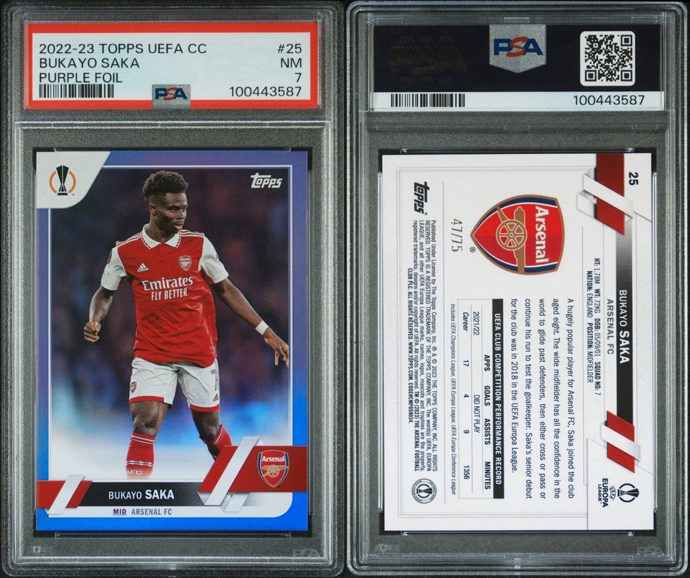 2022-23 Topps UEFA Club Competitions - Bukayo Saka #25 Purple Foil /75 PSA 7 view 1