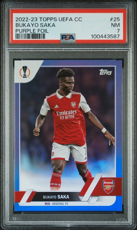 2022-23 Topps UEFA Club Competitions - Bukayo Saka #25 Purple Foil /75 PSA 7 view 2