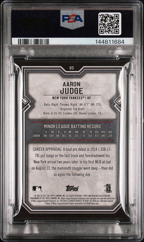 2017 Topps Museum Collection Aaron Judge #95 Rookie Card RC PSA 10 GEM MINT NYY view 2