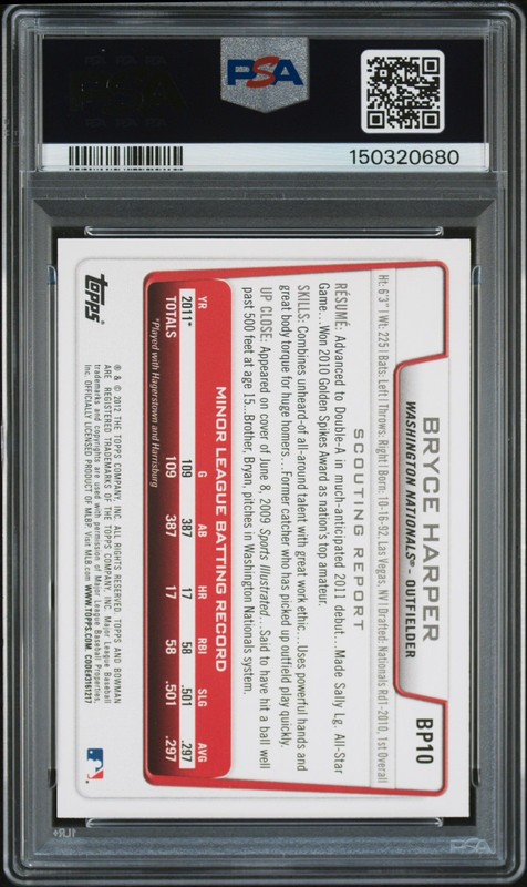 Bryce Harper 2012 Bowman Prospects PSA 10 #DP10 Phillies view 2
