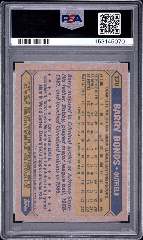 1987 TOPPS #320 BARRY BONDS ROOKIE RC PSA 8 view 2