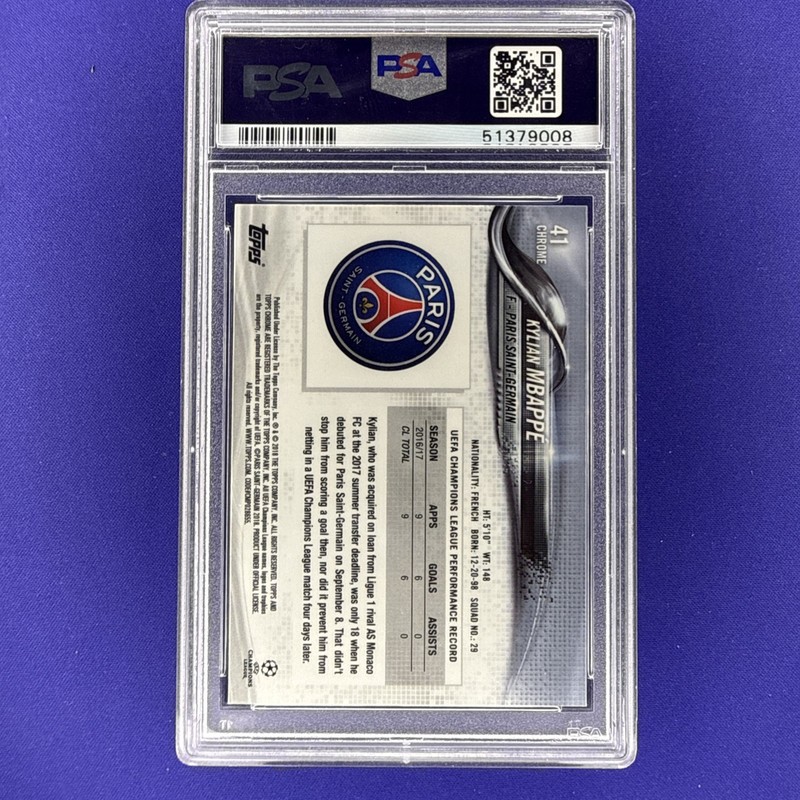 2017 Topps Chrome UEFA Champions League Kylian Mbappe ROOKIE RC #41 PSA 10 GEM view 2
