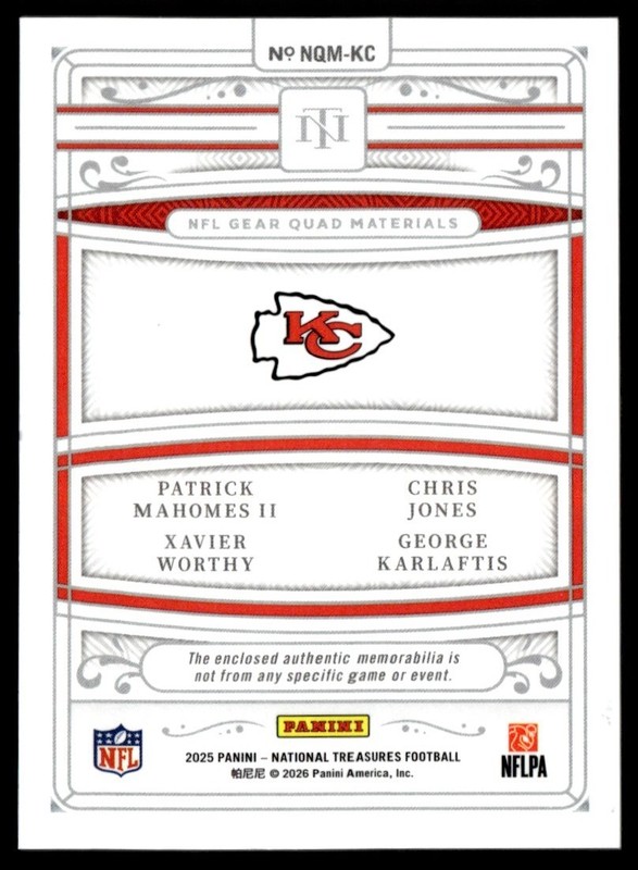 2025 Panini National Treasures Quad Relic Mahomes/Jones/Worthy 20/25 Kansas City view 2