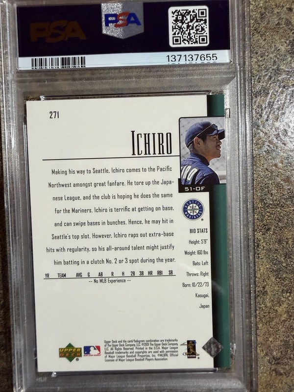 2001 Upper Deck Ichiro Suzuki RC #271 Mariners PSA 9 Rookie view 2