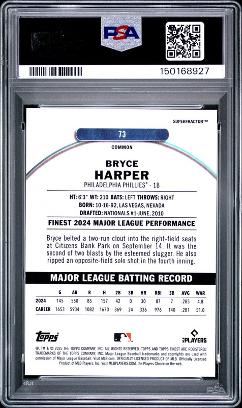 2025 TOPPS FINEST SUPERFRACTOR 1/1 #73 BRYCE HARPER 1/1 PSA 8 view 2