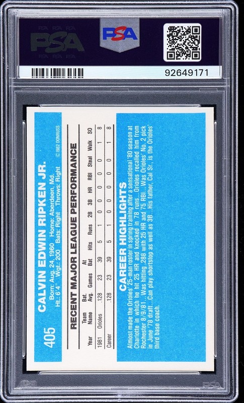 1982 DONRUSS #405 CAL RIPKEN JR. ROOKIE RC PSA 10 view 2