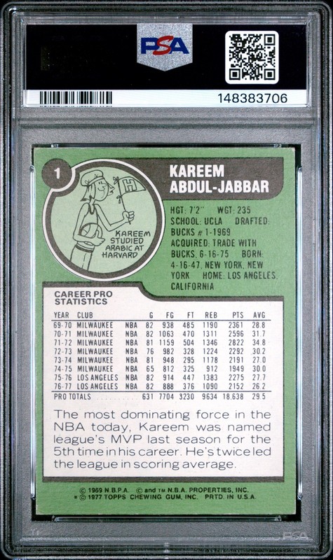 1977 TOPPS #1 KAREEM ABDUL-JABBAR PSA 3 view 2