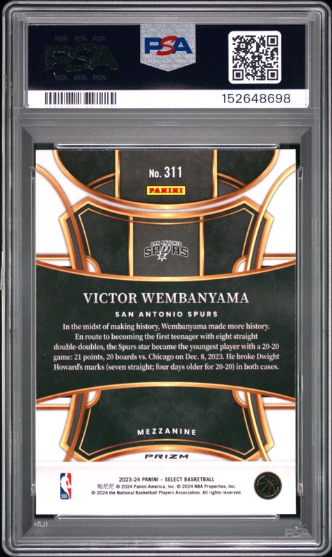 2023 PANINI SELECT BLUE PRIZM #311 VICTOR WEMBANYAMA ROOKIE RC PSA 10 view 2