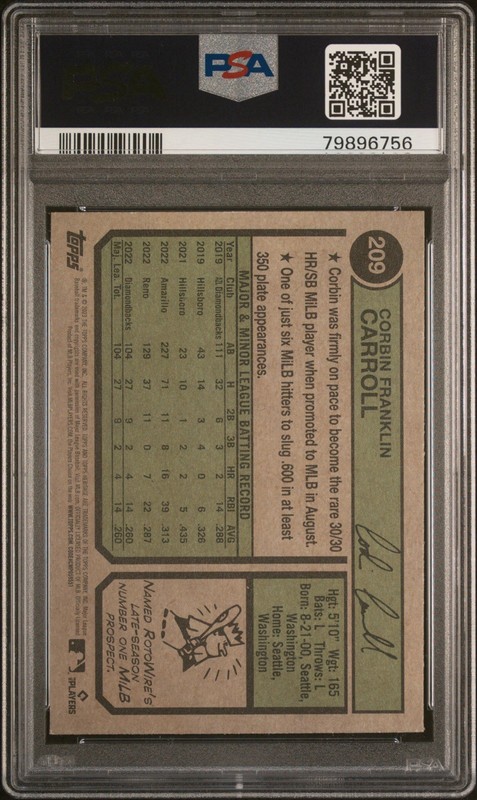 Corbin Carroll 2023 Topps Heritage Chrome Purple Refractor #209 RC PSA 10 GEM MT view 2