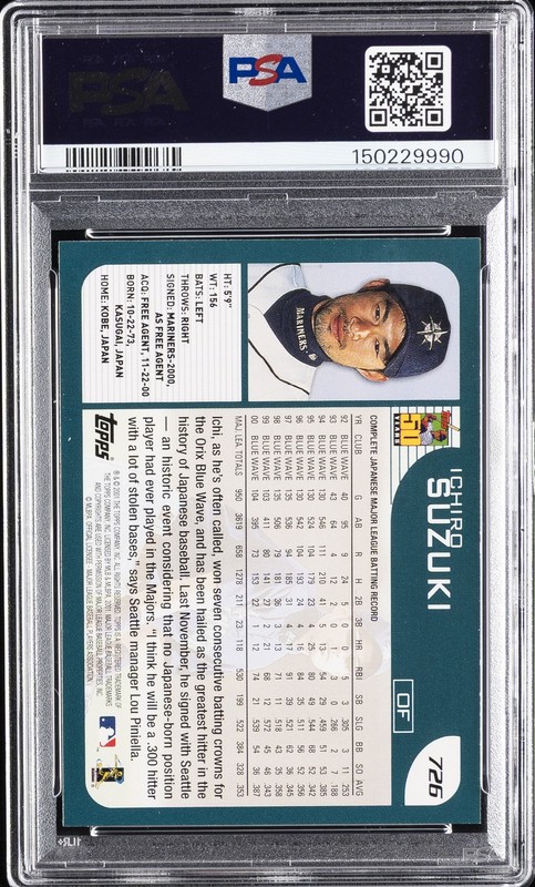 2001 TOPPS #726 ICHIRO SUZUKI ROOKIE RC PSA 6 view 2