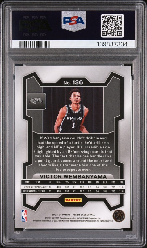 2023 PANINI PRIZM #136 VICTOR WEMBANYAMA ROOKIE RC PSA 10 view 2