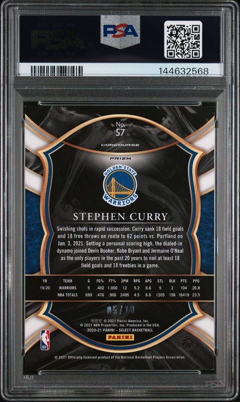 2020 PANINI SELECT PINK PRIZM #57 STEPHEN CURRY 5/10 PSA 9 view 2
