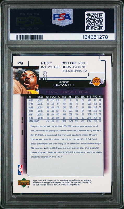 2002 UPPER DECK MVP #79 KOBE BRYANT PSA 10 view 2