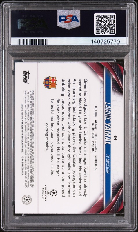 2023-24 TOPPS CHROME UEFA CLUB COMPETITIONS #64 LAMINE YAMAL ROOKIE RC PSA 9 view 2