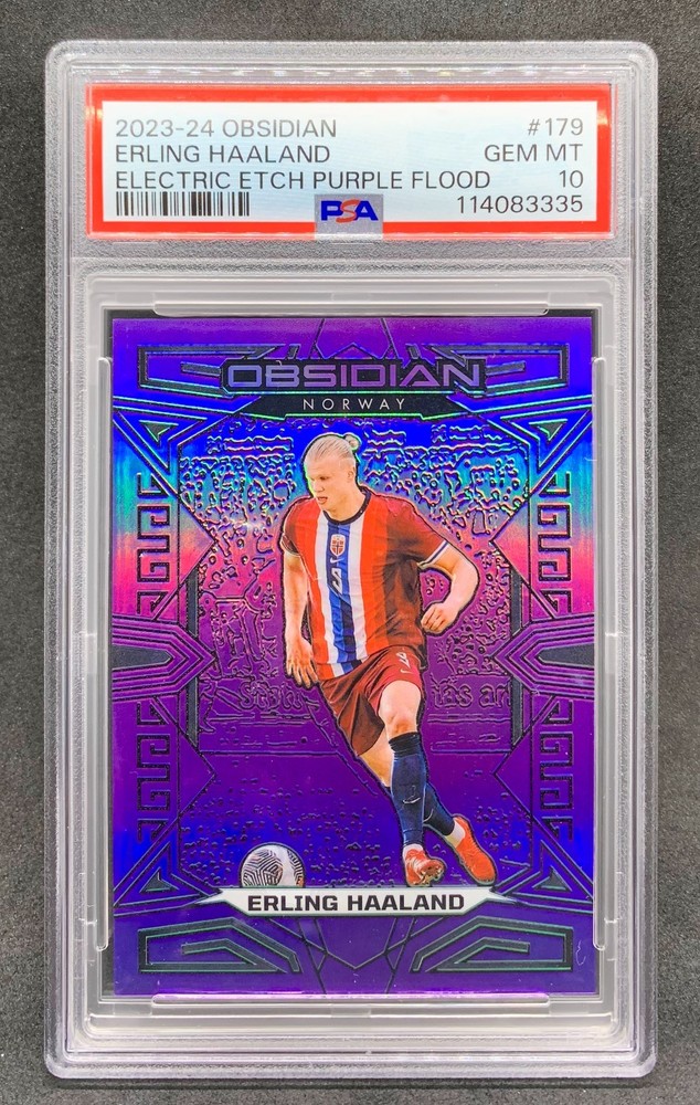 2023-24 Obsidian ERLING HAALAND Purple Flood Prizm Jersey # 9/25 Gem Mint PSA 10