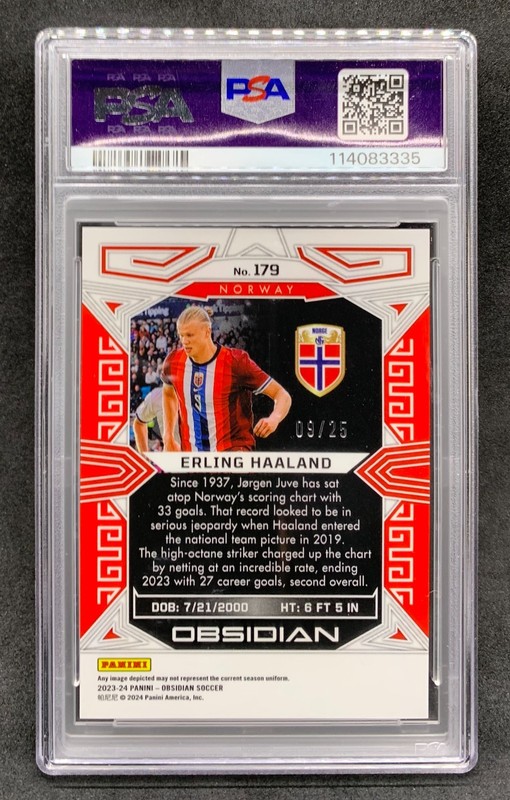 2023-24 Obsidian ERLING HAALAND Purple Flood Prizm Jersey # 9/25 Gem Mint PSA 10 view 2