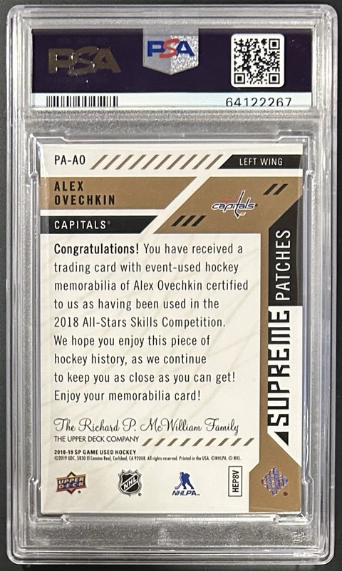 2018-19 SP Game Used #PAAO Supreme Patches Alex Ovechkin /15 PSA 8 Pop 1 view 2