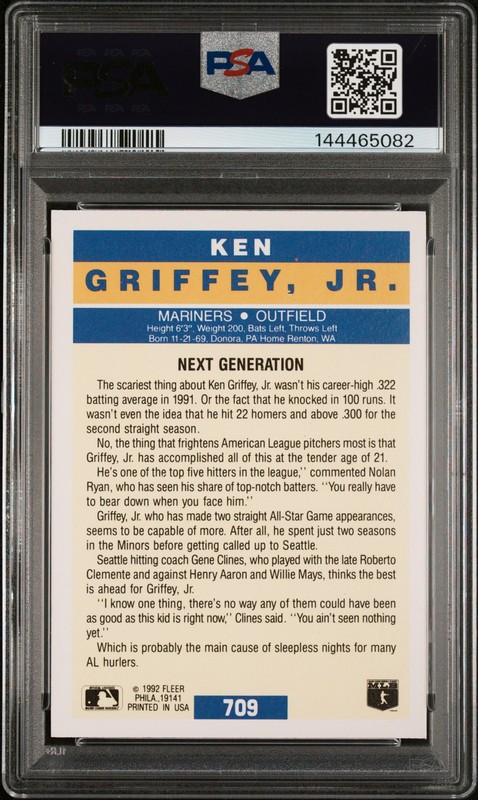 1992 FLEER #709 KEN GRIFFEY JR. PSA 10 view 2