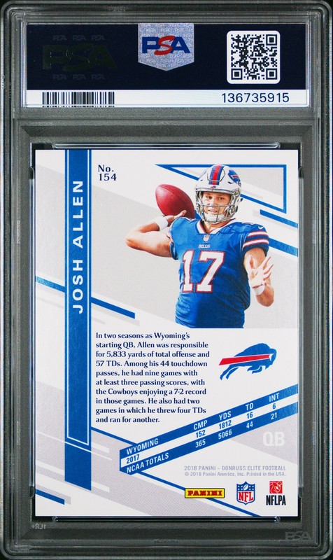 Josh Allen 2018 Panini Donruss Elite #154 Rookie #/399 PSA 9 Mint Buffalo Bills view 2
