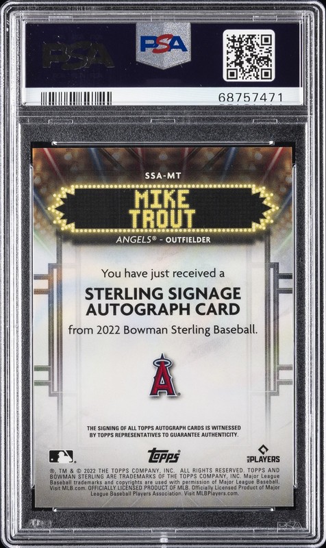 2022 BOWMAN STERLING STERLING SIGNAGE AUTOS #SSAMT MIKE TROUT 45/99 PSA 10 AUTO view 2