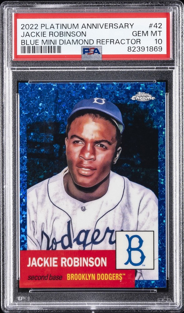 2022 TOPPS CHROME PLATINUM ANNIVERSARY BLUE MINI JACKIE ROBINSON 165/199 PSA 10