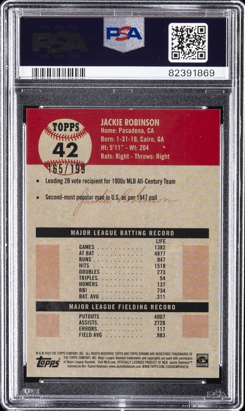 2022 TOPPS CHROME PLATINUM ANNIVERSARY BLUE MINI JACKIE ROBINSON 165/199 PSA 10 view 2