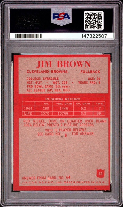 1965 PHILADELPHIA #31 JIM BROWN PSA 4 view 2