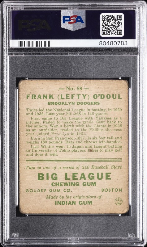 1933 GOUDEY #58 LEFTY O'DOUL PSA 2 view 2