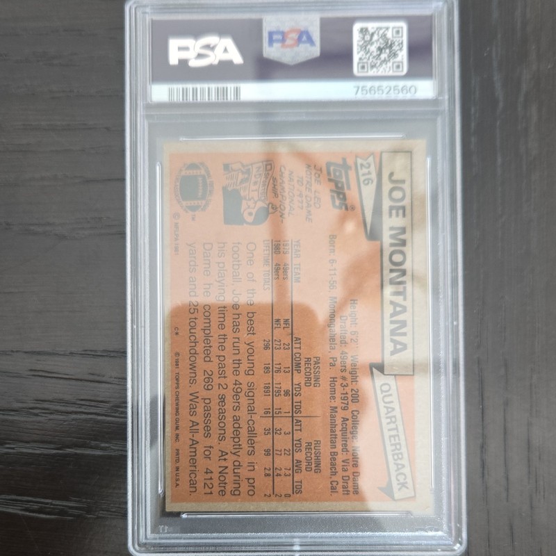 Topps 1981 Joe Montana RC #216 PSA 6 Graded San Francisco 49ers Card view 2