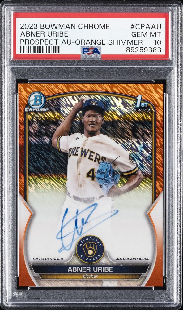 2023 BOWMAN CHROME PROSPECT AUTOS ORANGE SHIMMER ABNER URIBE 18/25 PSA 10 AUTO