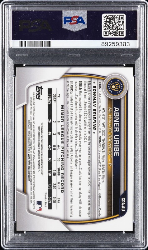 2023 BOWMAN CHROME PROSPECT AUTOS ORANGE SHIMMER ABNER URIBE 18/25 PSA 10 AUTO view 2