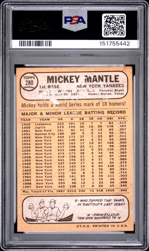 1968 TOPPS #280 MICKEY MANTLE PSA 1 view 2