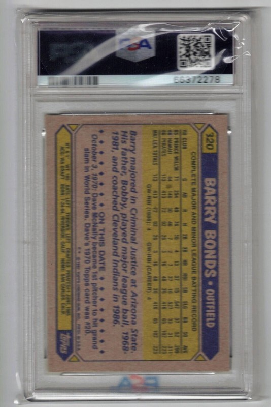 1987 TOPPS #320 BARRY BONDS RC - PSA 9 - DEAD CENTERED view 2