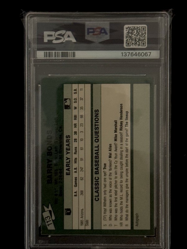 1987 CLASSIC TRAVEL UPDATE YELLOW GREEN BACK #113 BARRY BONDS PSA 7 view 2