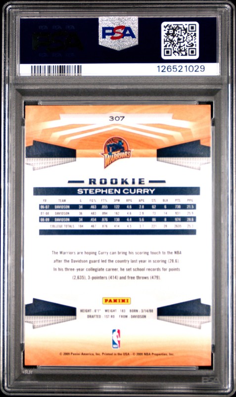 2009 PANINI #307 STEPHEN CURRY ROOKIE RC PSA 8 view 2