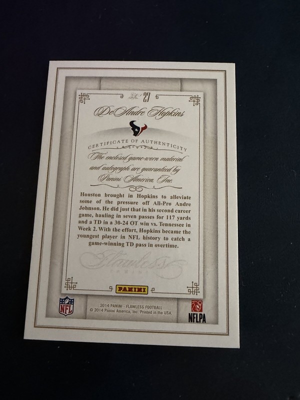 2014 Panini Flawless - Game Used Patch Auto DeAndre Hopkins #27 Ruby /15 view 2