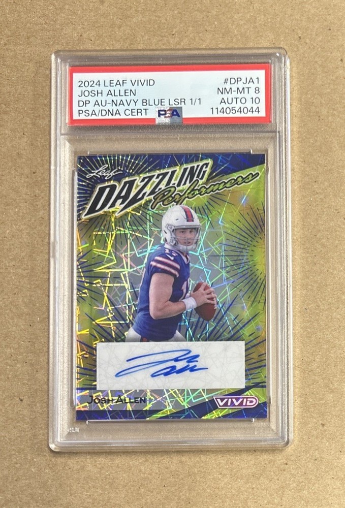 2024 Leaf Vivid Football Josh Allen Navy Blue Lazer Autograph Card #’d 1/1 PSA 8
