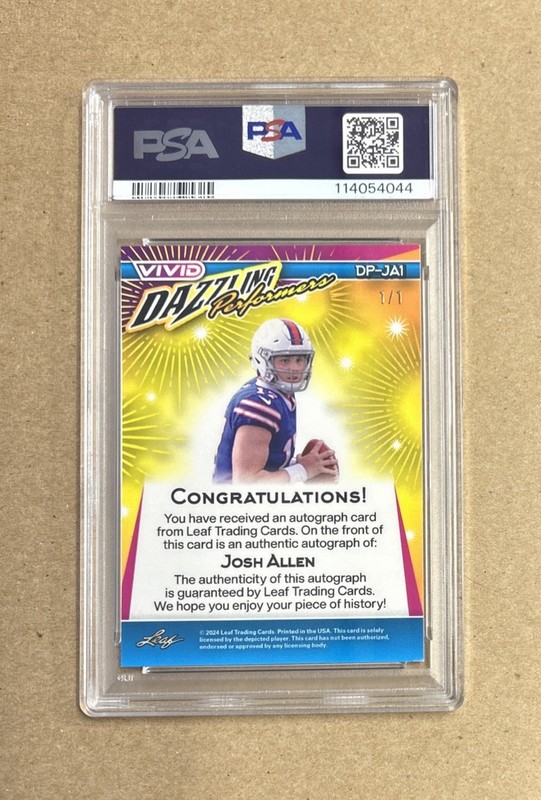 2024 Leaf Vivid Football Josh Allen Navy Blue Lazer Autograph Card #’d 1/1 PSA 8 view 2