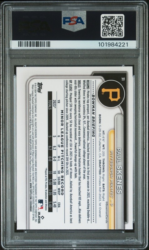 2024 Bowman Chrome Sapphire Blue Edition - Paul Skenes #31 (RC) PSA 10 view 2