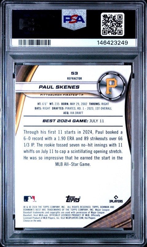 2024 Bowman's Best Paul Skenes Refractor PSA 10 view 2