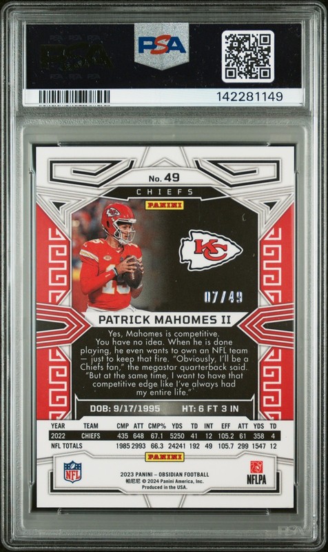 2023 PANINI OBSIDIAN ELECTRIC ETCH ORANGE #49 PATRICK MAHOMES II 7/49 PSA 9 view 2