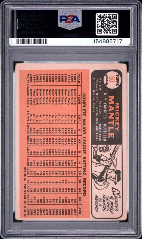 1966 TOPPS #50 MICKEY MANTLE PSA 1 view 2