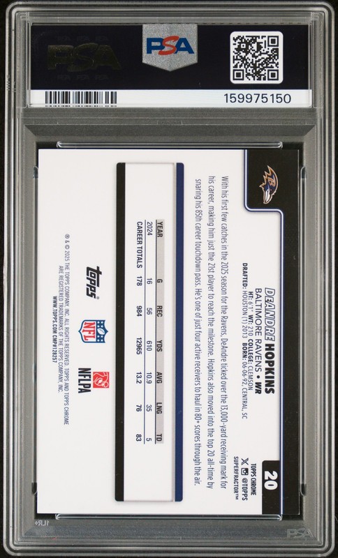 2025 TOPPS CHROME SUPERFRACTOR 1/1 #20 DEANDRE HOPKINS 1/1 PSA 9 view 2