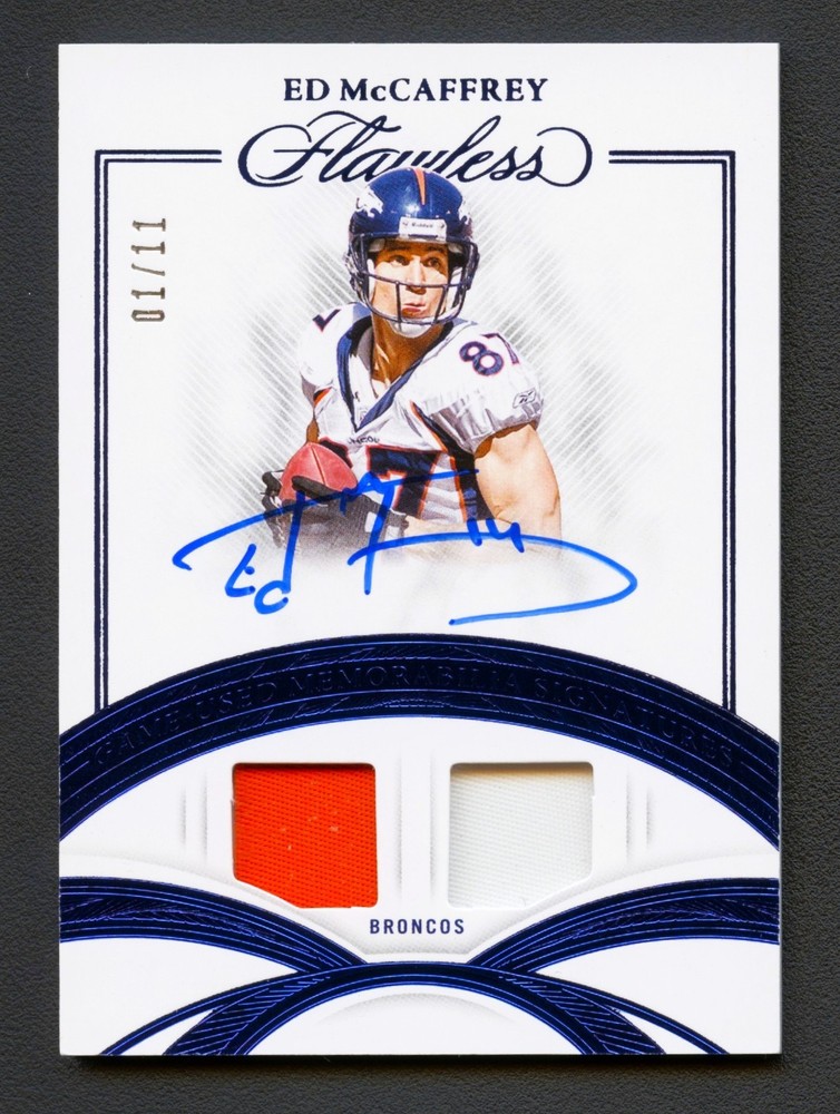 ED McCAFFREY 2025 FLAWLESS GAME-USED SAPPHIRE DUAL JERSEY AUTO AUTOGRAPH #1/11